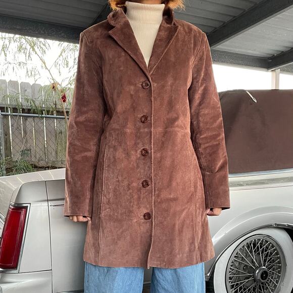 🔥Vintage Y2K Metrostyle Soft Leather Suede Classic Preppy Duster Jacket Sz 10P - Picture 3 of 16